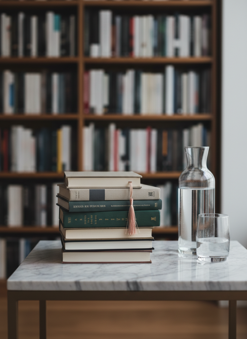 A carefully curated stack of novels and essay collections, each with understated, elegant cover designs, forms a small tower on a marble-topped side table. A single bookmark with a thin silk tassel peeks out from the middle book, suggesting a story paused at a crucial moment. On the table, a slender glass carafe of water and a minimalist tumbler catch the cool, indirect morning light. The background shows a blurred, floor-to-ceiling bookshelf with orderly rows of volumes. Shot in photographic realism at eye level with a shallow depth of field and refined, neutral color grading, the composition feels poised and intellectual, capturing a sophisticated love for stories worth telling.
