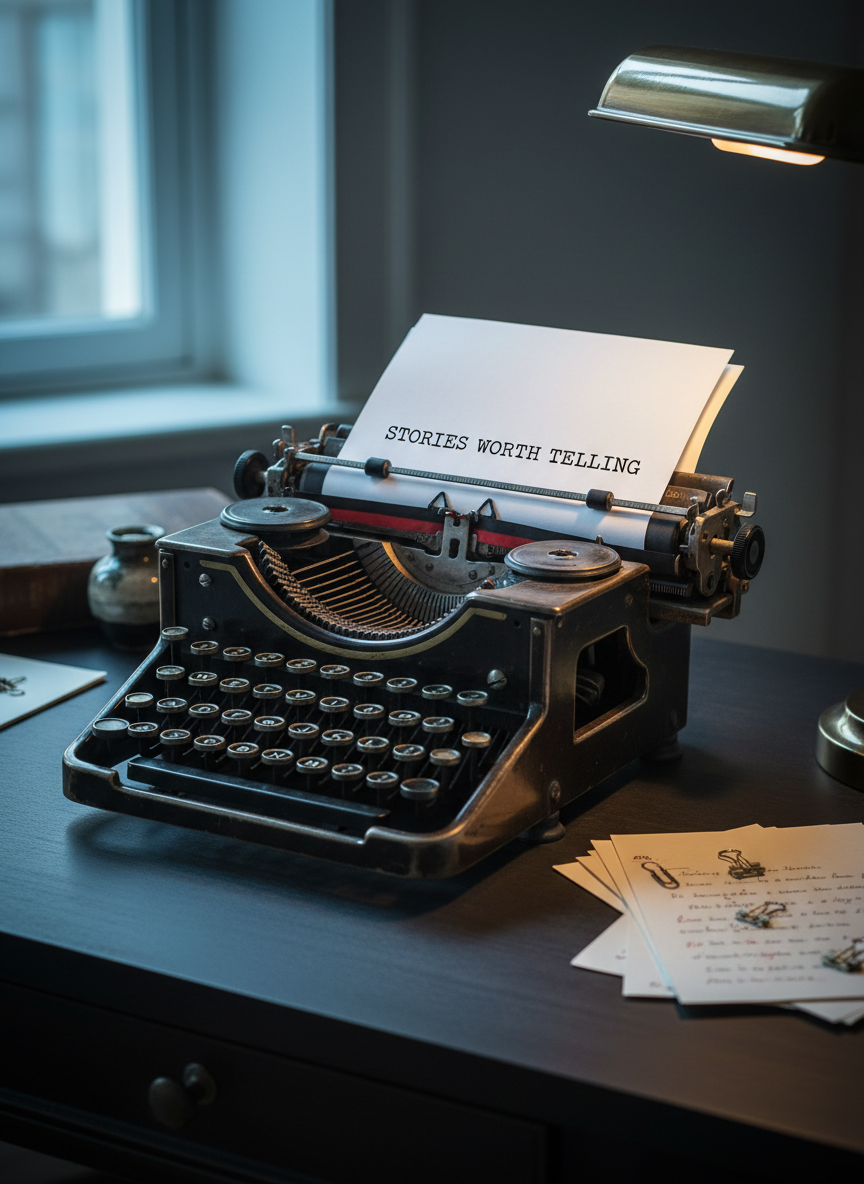 An antique typewriter with round, glossy black keys and subtle patina sits centered on a tidy writing desk of dark, matte wood. A single sheet of crisp white paper is rolled into the carriage, bearing the typed title “Stories Worth Telling” at the top. To one side, a short stack of marked-up manuscript pages, with red pencil annotations and delicate paperclips, suggests careful revision. Soft, cool daylight streams from a side window, while a secondary warm glow from a desk lamp adds depth, creating layered shadows. Photographic realism, slightly elevated three-quarter view, with a quiet, contemplative, and sophisticated atmosphere that embodies the craft of thoughtful storytelling and reviewing.