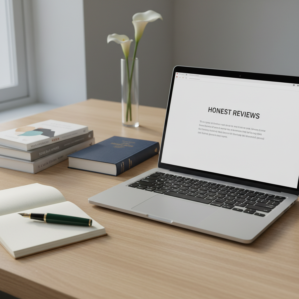An open laptop displaying a minimalist writing interface, surrounded by a small, carefully arranged stack of modern novels and a single, cloth-bound classic, all on a smooth oak tabletop. A fountain pen rests diagonally across a blank notepad, its dark ink shimmering subtly. Cool, diffused daylight from an unseen window illuminates the scene, creating clean, soft shadows and crisp reflections on the laptop’s metal surface. In the background, out of focus, a slim vase with a single white flower adds a refined touch. Photographic realism with a slightly elevated angle and rule-of-thirds composition, conveying a sophisticated, introspective mood of drafting honest book and movie reviews.